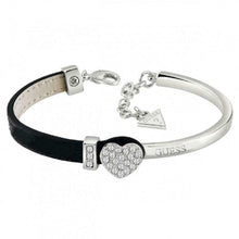  Ladies Stainless Steel And Black Leather Cuff Bracelet With Solid Swarovski Crystal Heart