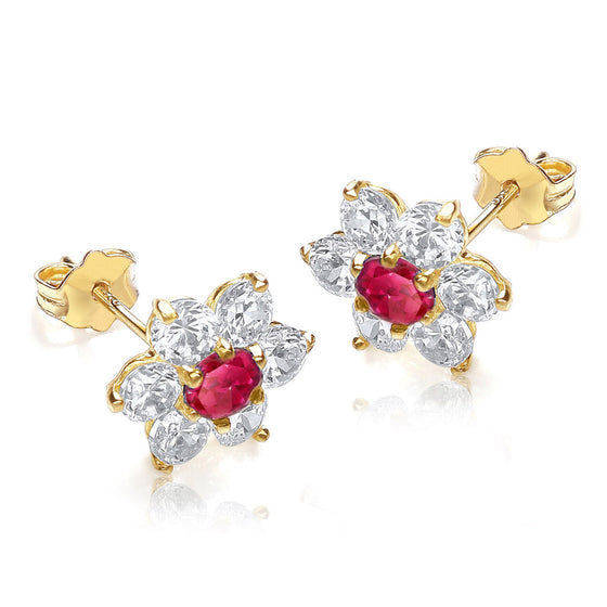 9ct Gold Earrings With Red And Clear CZ Stones