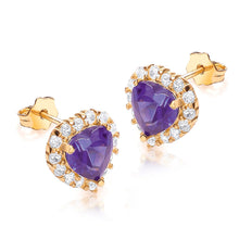  9ct Gold Heart Shaped Earrings With Purple And Clear CZ Stones