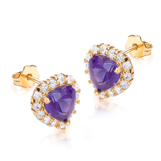 9ct Gold Heart Shaped Earrings With Purple And Clear CZ Stones