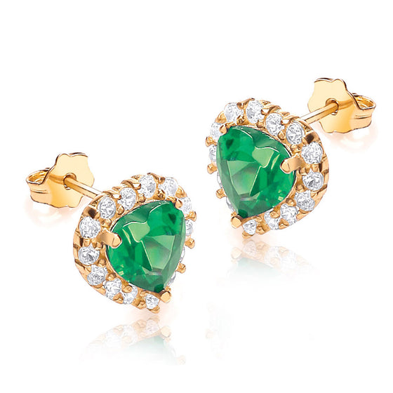 9ct Gold Heart Shaped  Earrings With Green And Clear CZ Stones