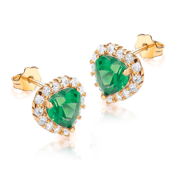 9ct Gold Heart Shaped  Earrings With Green And Clear CZ Stones