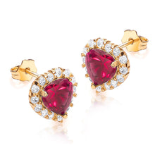  9ct Gold Heart Shaped Earrings With Red And Clear CZ Stones