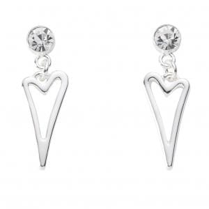 Silver Plated Hollow Heart Drop earrings with a Czech Crystal Stud