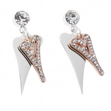  Boo Style Heart Silver and Rose Plated Gold Drop Earrings with Two Hearts and Czech Crystals