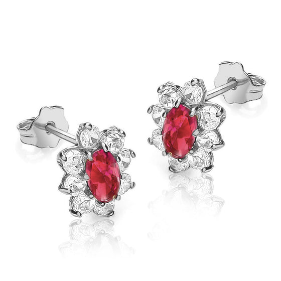 9ct White Gold Earrings With Red And Clear CZ Stones