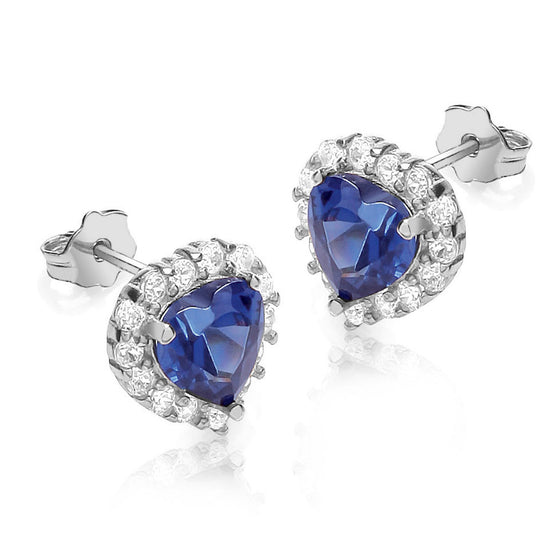 9ct White Gold Heart Shaped Earrings With Blue And Clear CZ Stones