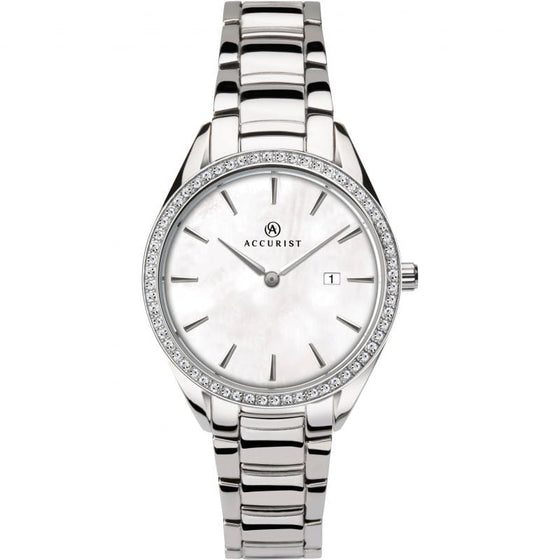 Ladies Stainless Steel Bracelet With Mother Of Pearl Dial And Swarovski Crystals Arround The Case