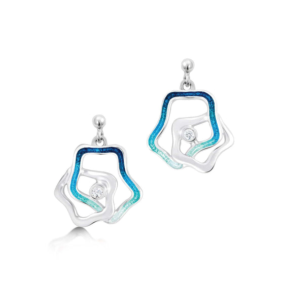 Tidal Islands Drop Earrings With Blue Enamel and Cubic Zirconia Stones