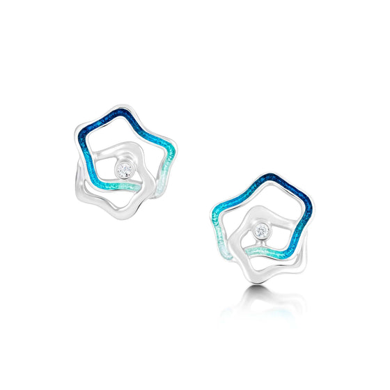 Tidal Islands Earrings with Blue Enamel and Cubic Zirconia stones