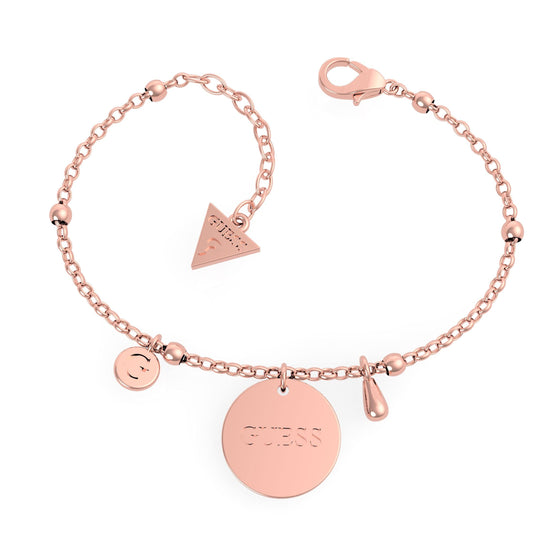 Ladies Plain Rose Gold Plated Guess Charm Bracelet With Drop Coin