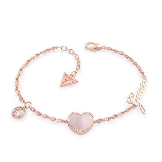 Ladies Rose Gold Plated Mother Of Pearl Heart Bracelet With Guess Charms