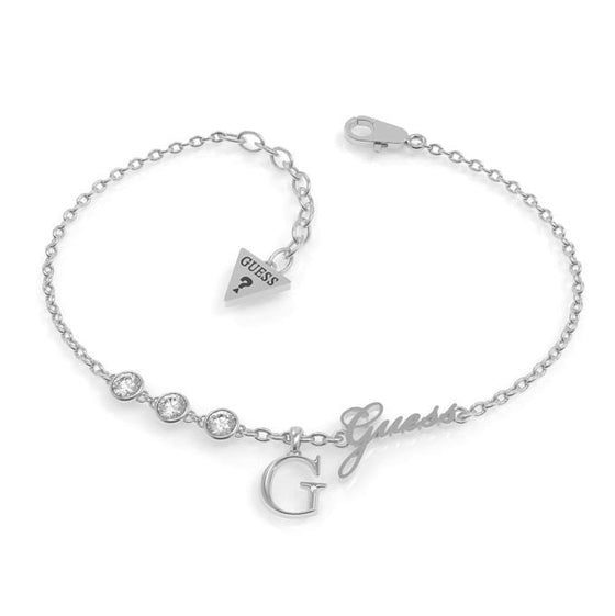 Ladies Stainless Steel Classic Drop G Charm And Guess Signature Bracelet With Swarovski Crystals