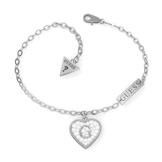 Ladies Silver Stainless Steel Drop Heart Charm Bracelet With Swarovski Crystals