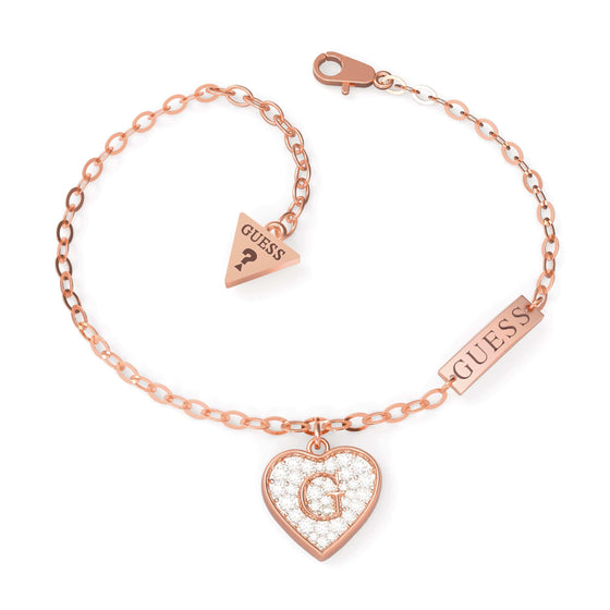 Ladies Rose Gold Plated Drop Heart Charm With G And Swarovski Crystals