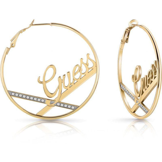 Ladies Gold Plated Large Hoops With Large Guess Logo And Swarovski Crystals