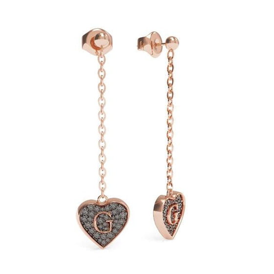 Ladies Rose-Gold Plated Drop Heart Earrings With Black Swarovski Crystals