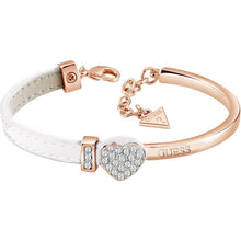  Ladies Rose-Gold Plated And White Leather Cuff Bracelet With Solid Swarovski Crystal Heart