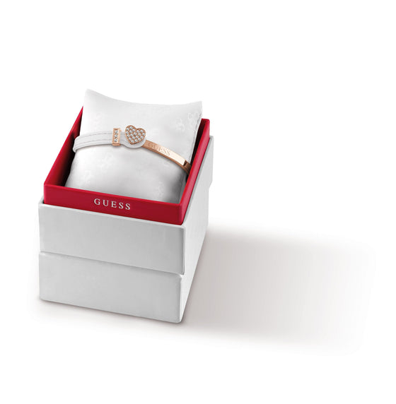 Ladies Rose-Gold Plated And White Leather Cuff Bracelet With Solid Swarovski Crystal Heart