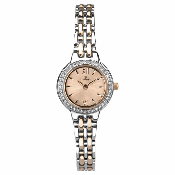 Ladies Rose Gold Plated And Stainless Steel Bracelet Watch With a Swavorski Stone Bezel