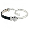 Ladies Stainless Steel And Black Leather Cuff Bracelet With Solid Swarovski Crystal Heart